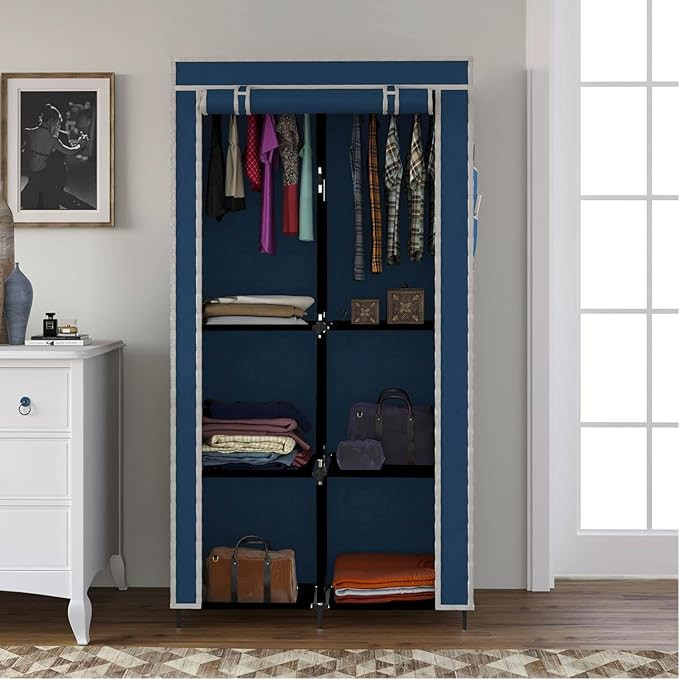 GTC® Collapsible Wardrobe Closet for Clothes Almira, 2 Hanging Space, 6 Shelves, 1 Side Pocket Non-Woven Fabric 7700-3 (Blue)