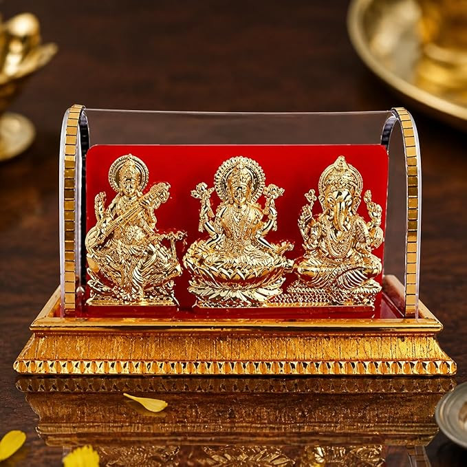 Acrylic Gold Plated Idols | Laxmi Ganesh Murti & Ma Saraswati | Home Decor, Pooja Room, Study Table, Living Room & Office Decoration | Gift Item | 12 cm Length, 6 cm Width, 8 cm Height