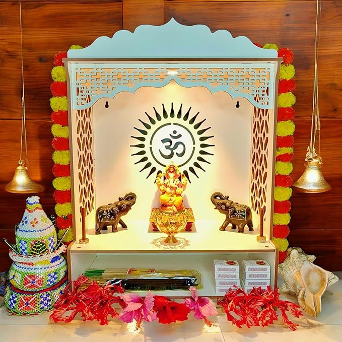 Beautiful Wooden Temple | MDF Pooja MANDIR for Home and Office use with LED SPOT Light | Engineered Wood Pooja Stand with Storage Shelves | (Size - H 21 x L 16 x W 9 inch) D15W