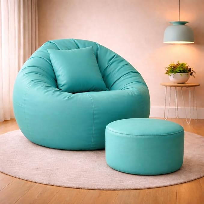 4XL Tear Drop Bean Bag Chair with Footrest & Pillow | Premium Leatherette Bean Bag Cover (Without Beans) Upto 150 Kg Capacity | Living Room Lounger (Aqua, XXXXL)