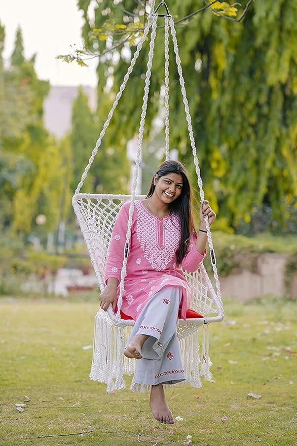SWINGZY Polyester, Polyester Blend Premium Large Swing Chair Hanging Hammock Chair for Home, Indoor, Outdoor, Patio, Balcony, Garden/Jhula for Adults/Free Accessories Included (Rectangle White)