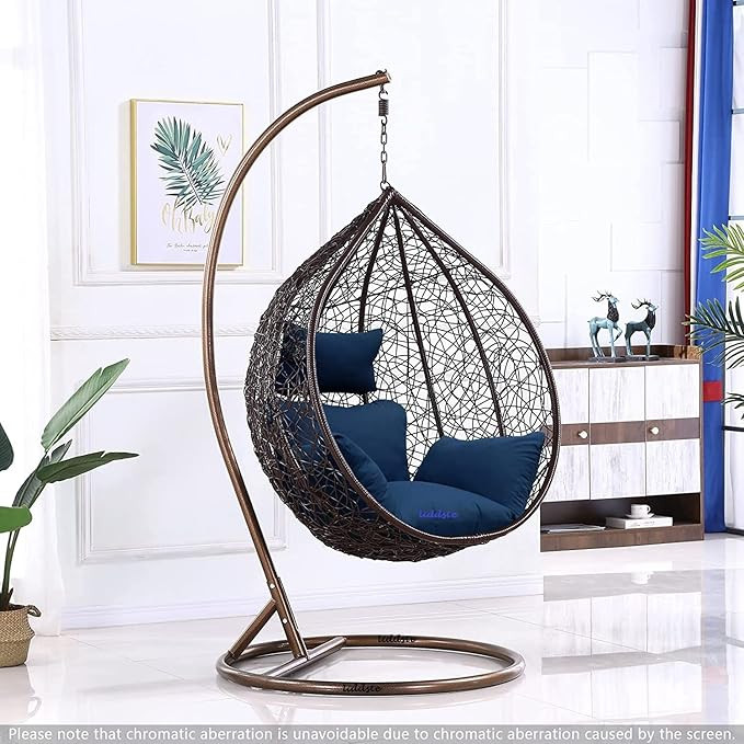 Single Seater Hammock Swing Chair Jhula with Stand and Cushion Ideal for Patio Balcony Garden Terrace and Living Room Powder Coated Iron Framing (Brown & Blue)