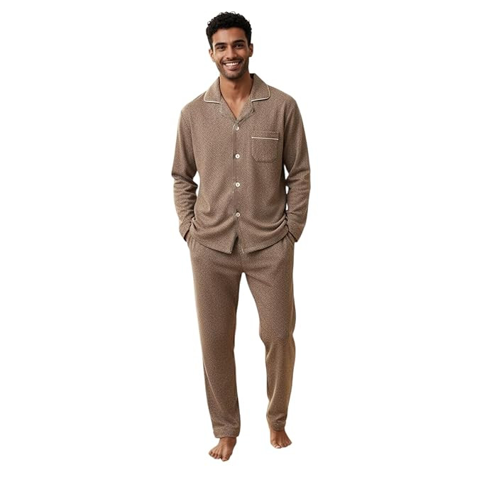 Premium Cotton Flannel Nightsuit Set, Brown, Winter Sleepwear with Lapel Collar, Chest and Side Pockets, Cozy Loungewear for Men