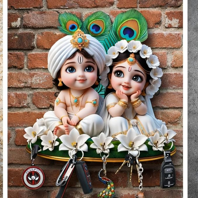 Webelkart Premium Cute Radha Krishna Key Holder for Home/Office Decor | 3D UV Printed Wooden Key Hanger Decorative Key Chain Holder (10 x 10 Inches)