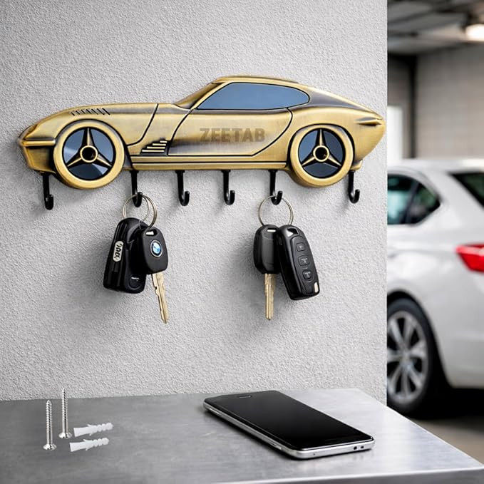 Car Key Holder | Car Key Stand & Brass Metal Wall Mount Hanger with 6 Hooks | Home Decor Gift (20x7cm) (Antique Blk)