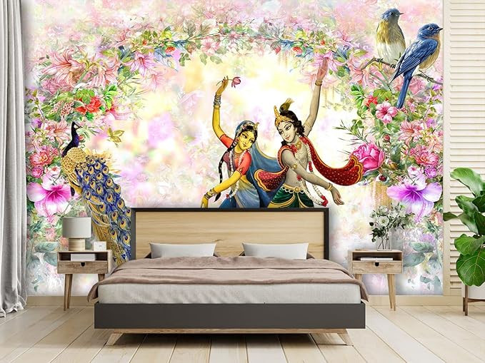 999STORE Designer Beautiful Radha Krishna Dancing Wall Paper Living Room (Non-Woven_8X10 Feet) Non10x80222