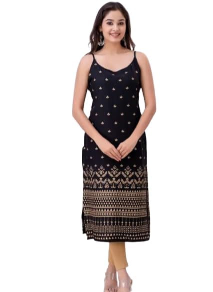Women's Rayon Printed Sleeveless A-Line Straight Kurti | Breathable Floral Ethnic Wear for Girls and Women | Ideal for Festival, Casual and Office Outfits (Black)