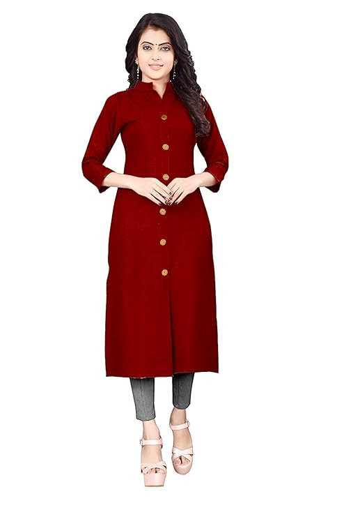 Cotton Blend Straight Fit Plain and Solid Front Slit Mandarin Collar Kurtis Top for Women with Button Pattern