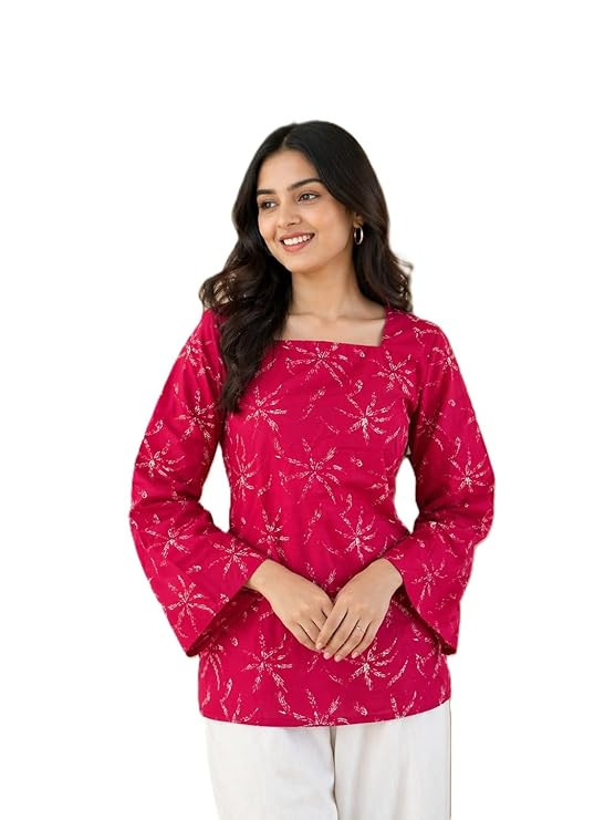 RR Enterprises Women's Cotton Floral Printed Straight Kurti with Back Corset Tie-Up Stylish Ethnic Square Neck Long Sleeve Kurta for Casual