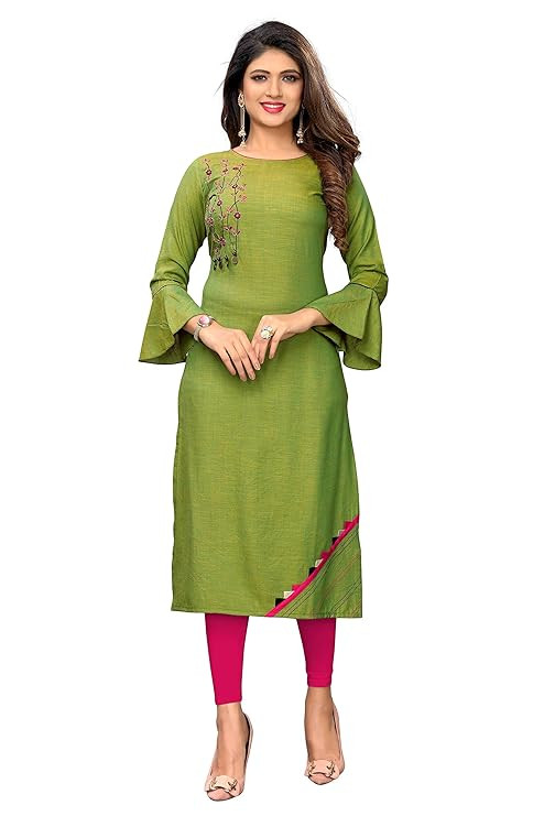 Vbuyz Women's Indian Floral Straight Rayon Green Kurta (VF-KU-247)