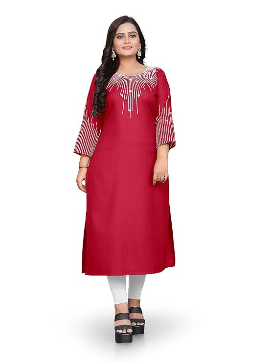 Presents Women's Heavy Cotton Embroidered Work Straight Kurti
