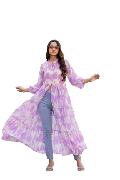 Women Purple Georgette with Crepe Lining for no Transparency Center Slit Pattern Kurti Long Stylish Flared