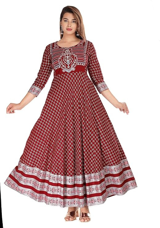 Women's Rayon Printed Anarkali Long Kurta Black