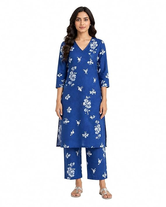 Women's Blue Floral Printed Kurta with Palazzo Pants, V-Neck, 3/4 Sleeves, Co-ord Set