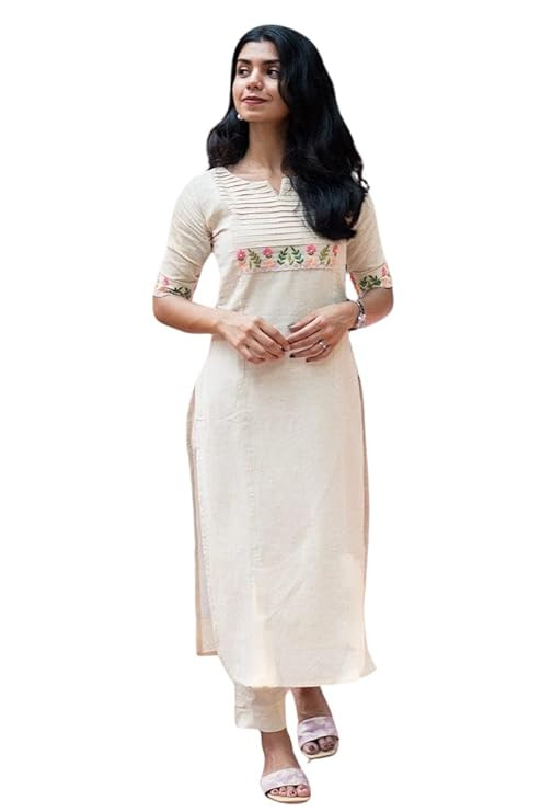 MELONI MART Women's Cotton Floral Printed Straight Kurti with Palazzo (White)