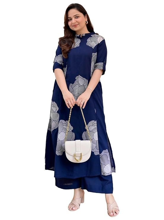 ANNI Designer Women Viscose Blend Straight Fit Printed Kurta Palazzo Set | Mandarin Neck Outfit | Lightweight Breathable Fabric | Comfortable Elegant Styling for Office Casual Wear