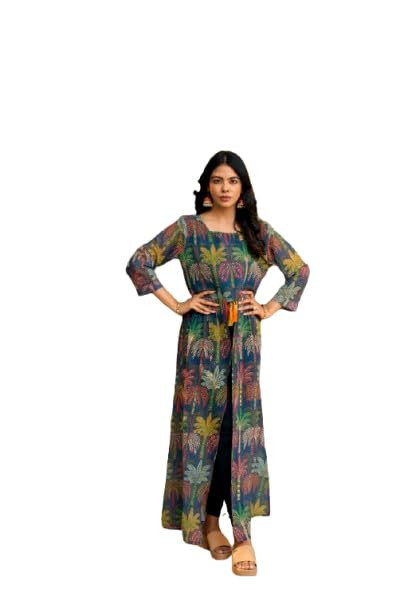 Women Printed Long Kurti with Front Slit Stylish with Crepe Lining for No Transparency Ethnic Wear