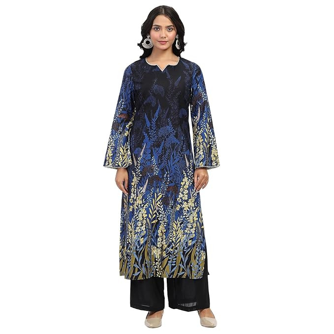 Boho Girl Women's Cotton Dobby Stripe Kurti &Pant Set/Round Neck and Full Length Flared Sleeve/Straight Pant/Perfect for Office wear & Casual Outing