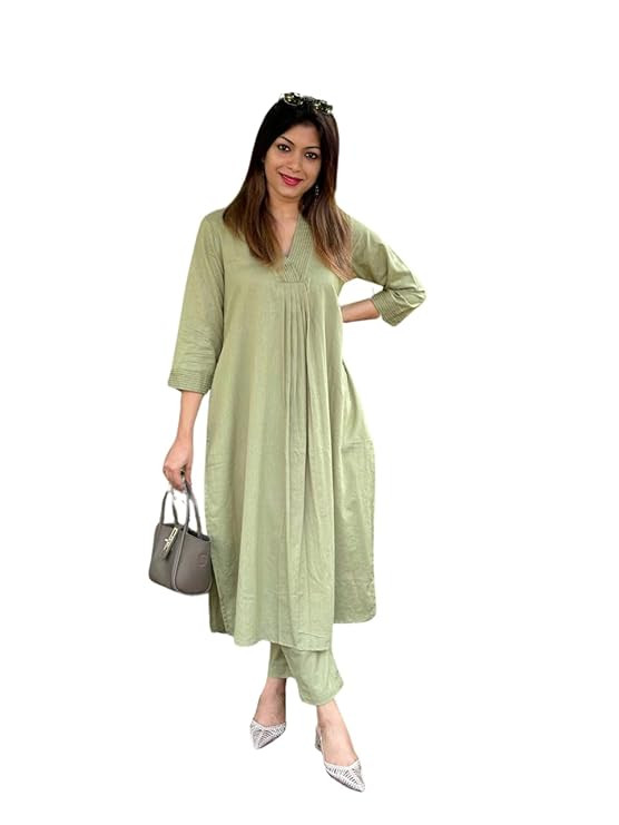 Women's Cotton Plain Coard Set A-Line Straight Kurti with Pant