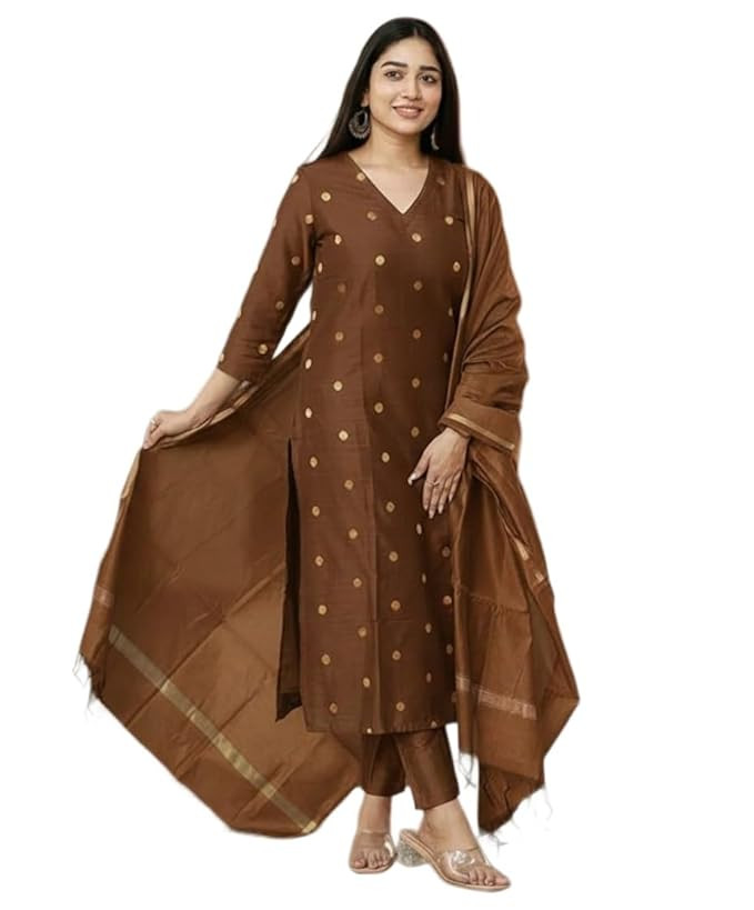 GoSriKi Kurta Sets for Women Rayon Viscose Printed | Kurta Pant Dupatta Set | Straight Kurti Set | V Neck 3/4 Sleeve Ethnic Outfit | Designer Indian Kurti Clothing with Pants Dupatta