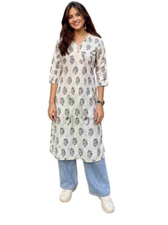 Viscose Rayon Long Kurti for Women | A-Line Kurta | V Neck Tunic for Women | 3/4 Sleeve Straight Kurta | White