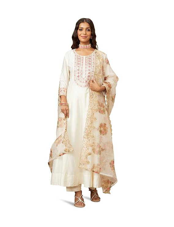 Myx Women's Embroidered Anarkali Kurta Pant Set with Organza Dupatta | A-line fit (Available in Plus Sizes)