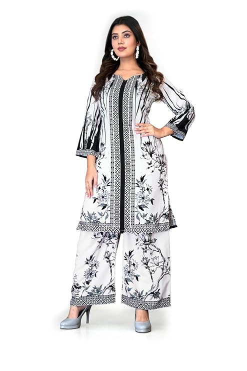 Women’s Printed Kurta and Wide-Leg Pant Set – Co-Ord Suit Set with Floral and Geometric Prints