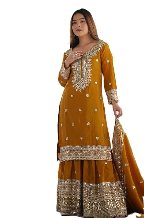 Women’s Elegant Heavy Chinnon Silk Embroidered Kurta with Sharara & Dupatta – Sequence Work Detailing, Full Sleeves, Fully Stitched Flared Palazzo Suit for Wedding, Festive