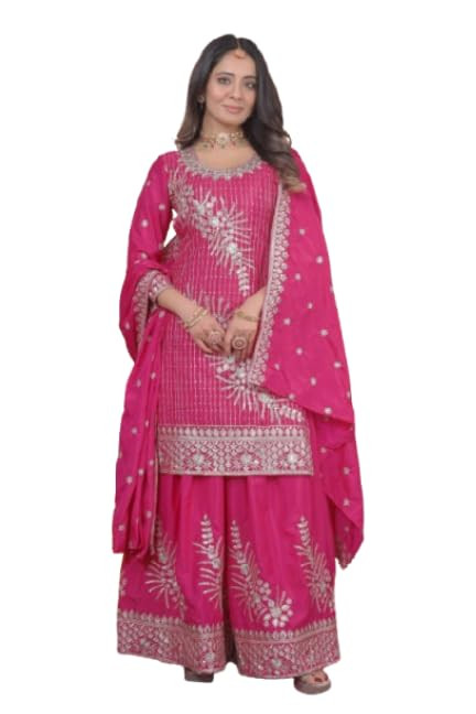 Elegant Pink Embroidered Kurta Set with Sharara & Dupatta