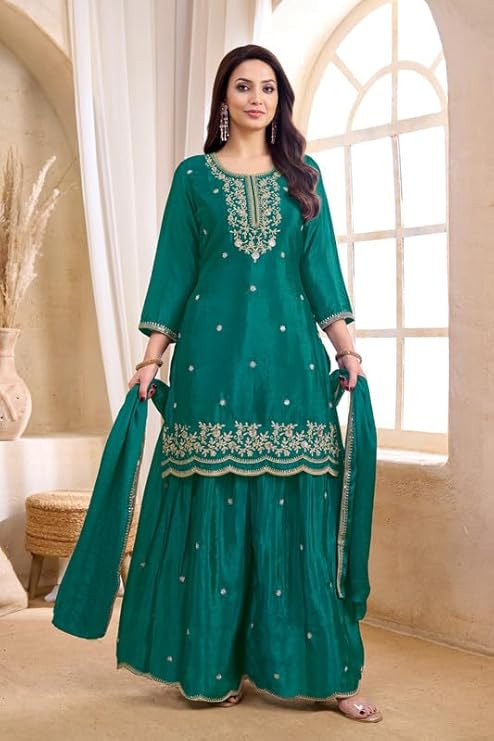 Fabzoo Women's Kurta Set with Sharara & Dupatta|Kurta Set for Women|Wedding Traditional Indian Kurti Set |Designer Kurta Palazzo Set for Women