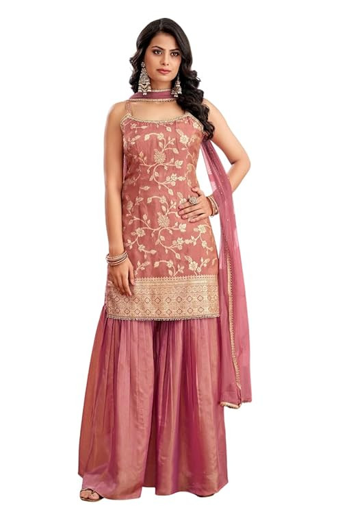 Xomantic Fashion Womens Purple Color Banarasi Silk Kurta Sharara Set
