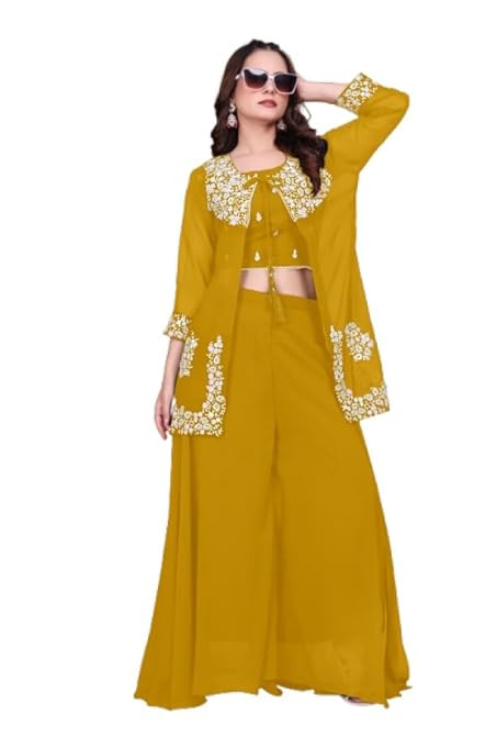 Women Co-Ord Set with Jacket, Crop Top & Palazzo Pants | Designer Ethnic 3 Piece Set for Women Indo Western Outfit, Festive Co Ord Set