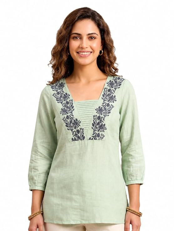 Women’s Pastel Green Embroidered Short Kurti | Rayon Office Wear Kurti Top | V Neck Ethnic Indo-Western Kurta for Women (in, Alpha, M, Regular)