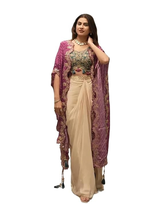 Indo Western Dhoti Set for Women with Embroidered Blouse and Printed Shrug Crepe Silk Dhoti Ready to Wear Ethnic Outfit with Sequins Work