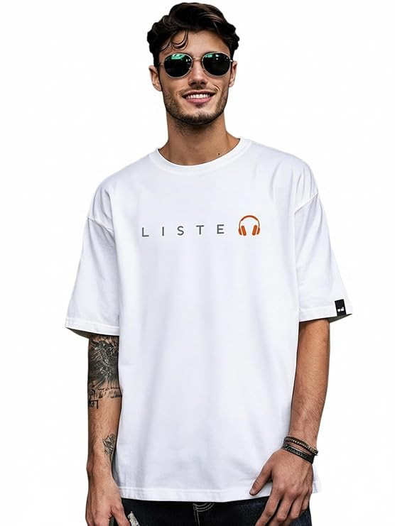 Bewakoof Men's Typography 100% Cotton T-Shirt - Oversized Fit, Round Neck, Half Sleeves White