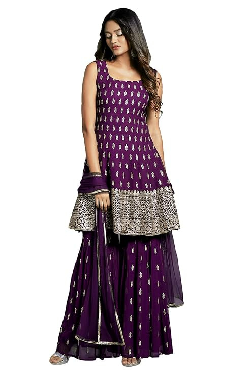 Xomantic Fashion Women's Embroiderd Work Navyblue Color Weding Wear Anarkali Kurta Sharara Set