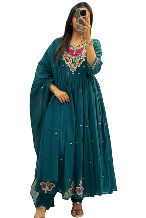 Women's Cotton Embroidered Anarkali Salwar Suit Set with Dupatta Set (Teal Dark Green-L)
