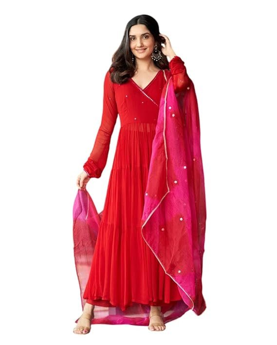 Women's Georgette Solid with Minimal Embellishment Long Anarkali Kurti With Pant And Dupatta Set (Red)