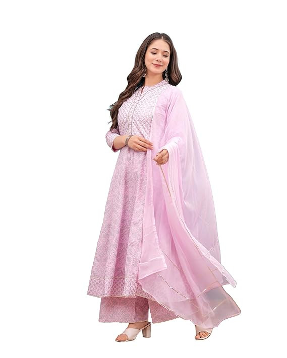 MANHAREE | Women's Rayon Anarkali Kurta with Pant & Dupatta Set