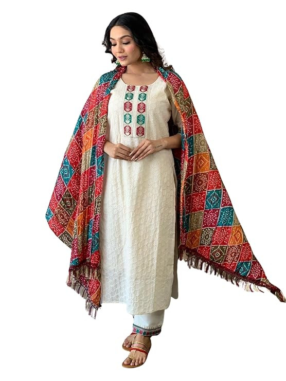 Women's Cotton Chikankari Print Straight Kurti with Pant andMulmul Dupatta Set