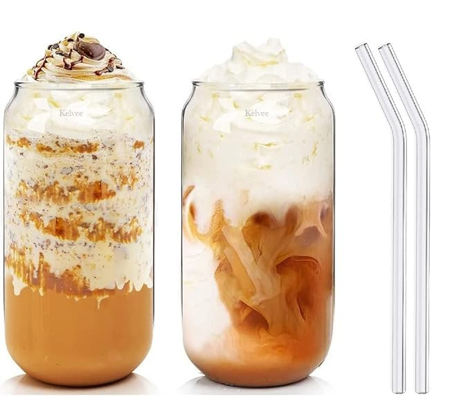 Drinking Glasses with Glass Straw Beer Glasses Can Shaped Glass Cups, Tumbler for Cold Coffee, Smoothies, Juice, Soda, Any Drink and Any Occasion