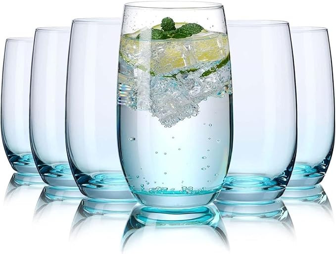 bellemax 300ML Blue Premium Juice Glasses Drinking Glasses,Highball Lead-Free Glasses,Tumblers for Water,Juice,Beer,Cocktail and Mixed Drinks - 6 Pieces,Transparent (BM-06)