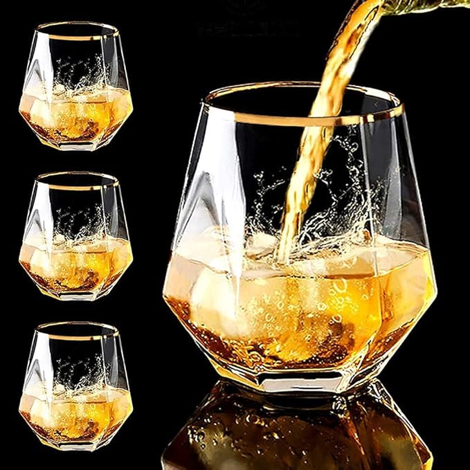 VILON Italian Premium Whiskey Glasses Set of 6 | 300ML Old Fashioned Scotch Glass | Imported Tumblers for Bourbon Wine Cognac Cocktail | Best Gift for Whisky Lovers (Hexa GR 310ML)