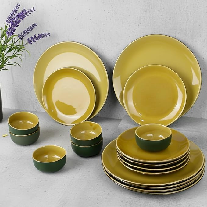 The Earth Store Handcrafted Mustard Novelle 18 Piece Ceramic Dinner Set, 6 Full Dinner Plates, 6 Quarter Plates, Vegetable Bowls | Microwave & Dishwasher Safe | Ceramic Plate | Katori