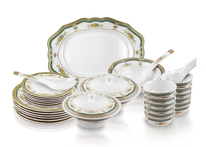 Superware | Food Grade Melamine | Dinner Set - Garden Hill (38 Pcs.) | Dinnerware, Tableware, Stain Free, Glazed Finish, Leaf, White