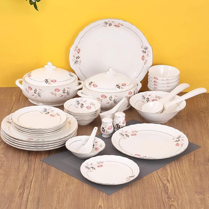Clay Craft Fine Ceramic Floral Gold Line Design Dinner Set 40 Pieces, (MW-182), for Family of 6, Dinner Set Ceramic, Crockery Set, Dining Set for Dinner, Plates and Bowls Set, Crockery Set for Gift