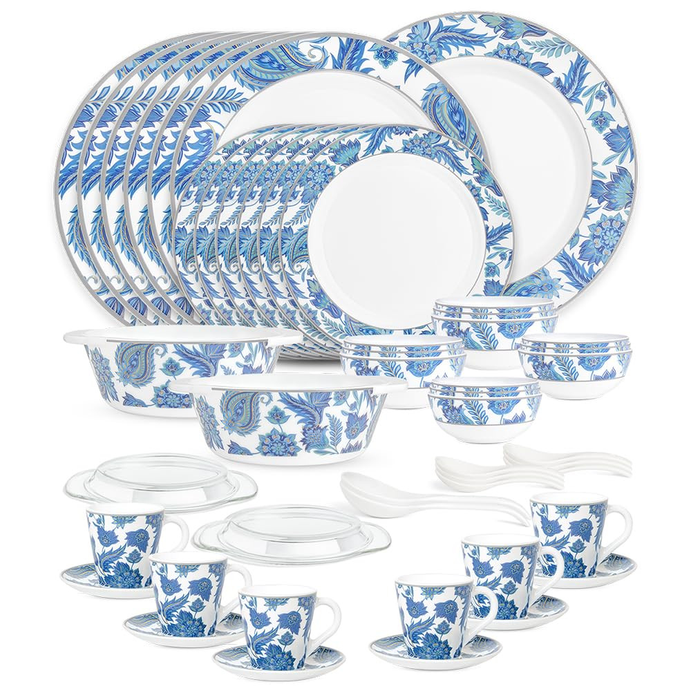 Larah by Borosil Premia Series Opalware Dinner Set | Microwave & Dishwasher Safe | Bone-Ash Free | Crockery Set for Dining & Gifting | Plates & Bowls (New Iris, 49pc Set)