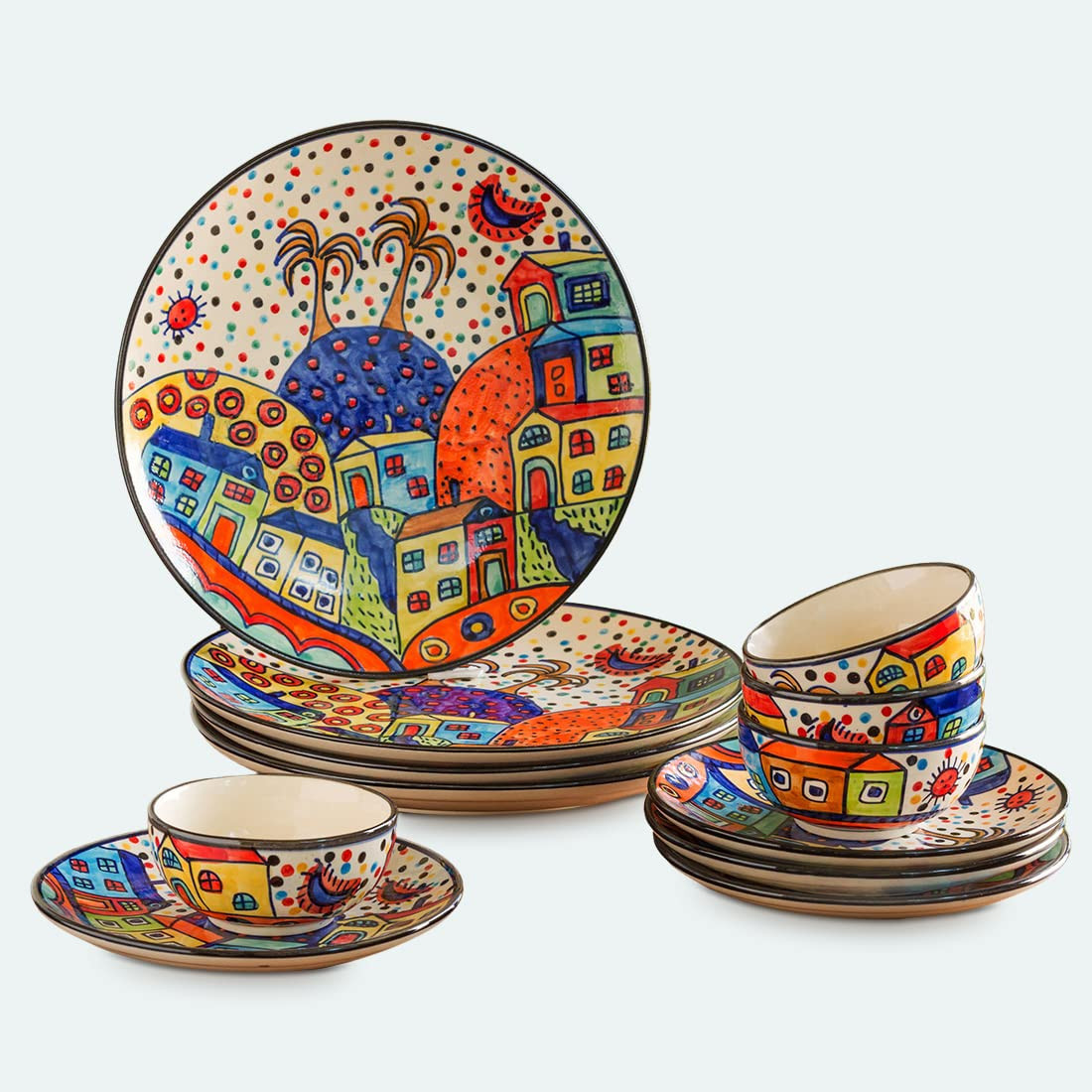 ExclusiveLane 'Hut' Ceramic Dinner & Quarter Plates with Katoris (12 Pieces, Serving for 4, Multicolor) | Dinner Set for Gift Ceramic Plates and Bowls Set Dinnerware Sets Plate for Dinner Sets
