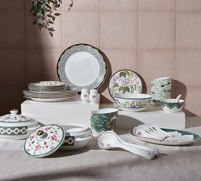 India Circus by Krsnaa Mehta Grandeur Greens Bone China Dinner Set | Crockery Set for Dining & Gifting | Serving for 6 | Pack of 40 Pieces Set