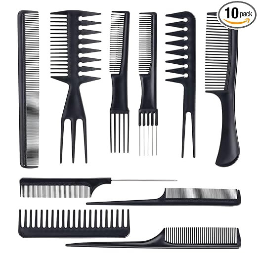 Multibrite Professional 10-Piece Heat-Resistant Anti-Static Hair Styling Comb Set, Black, Unisex, Adults, All Hair Types, Plastic, For All Ages, Genders, Professionals, Personal Use